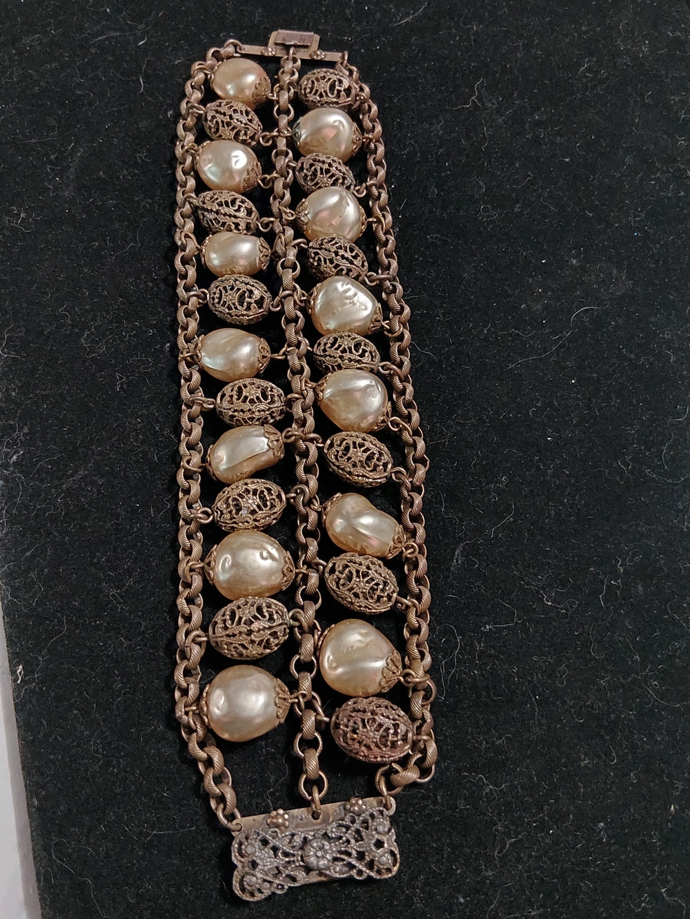 Miriam Haskell Gold-Tone Filigree and Cream Pearl Bracelet